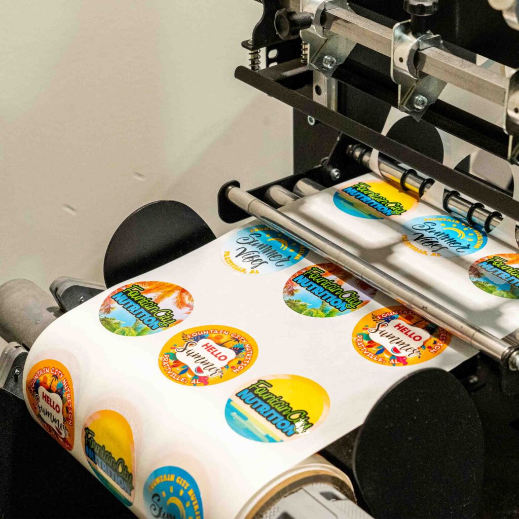 Round labels being printed on roll.